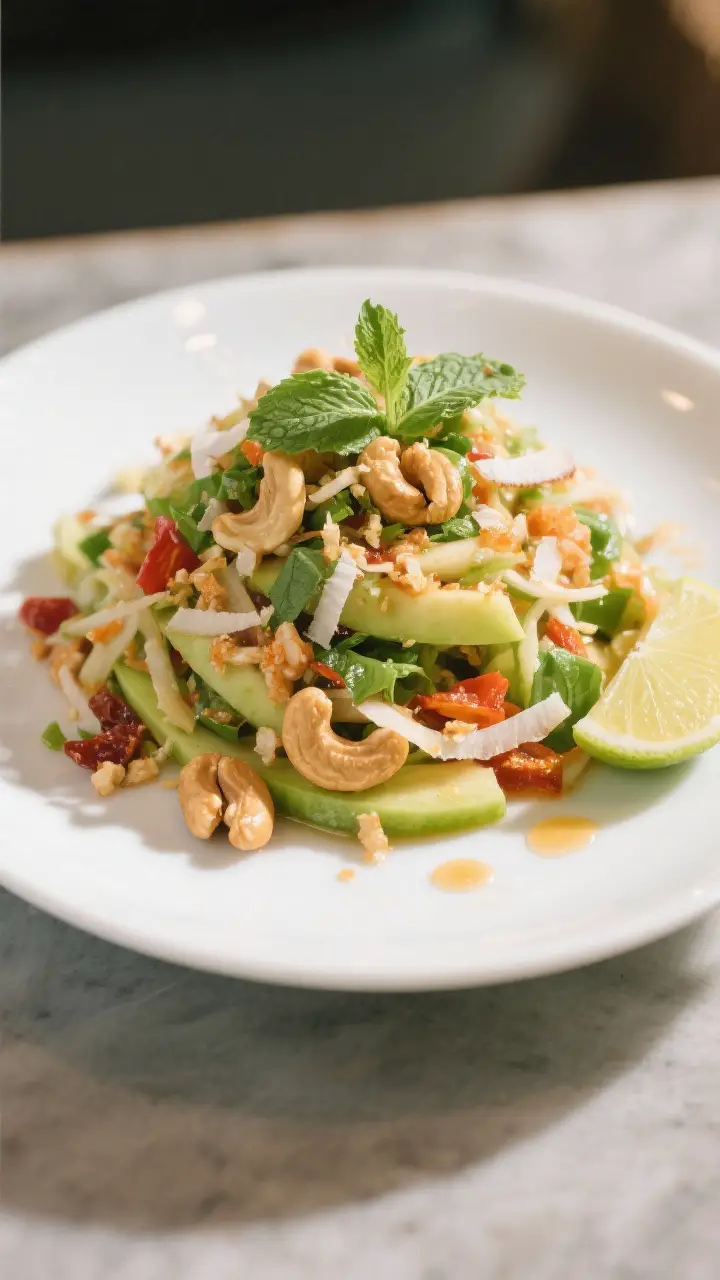 Final dish presentation: Beautifully plated Yum Mamuang (Green Mango Salad with Cashews) piled high