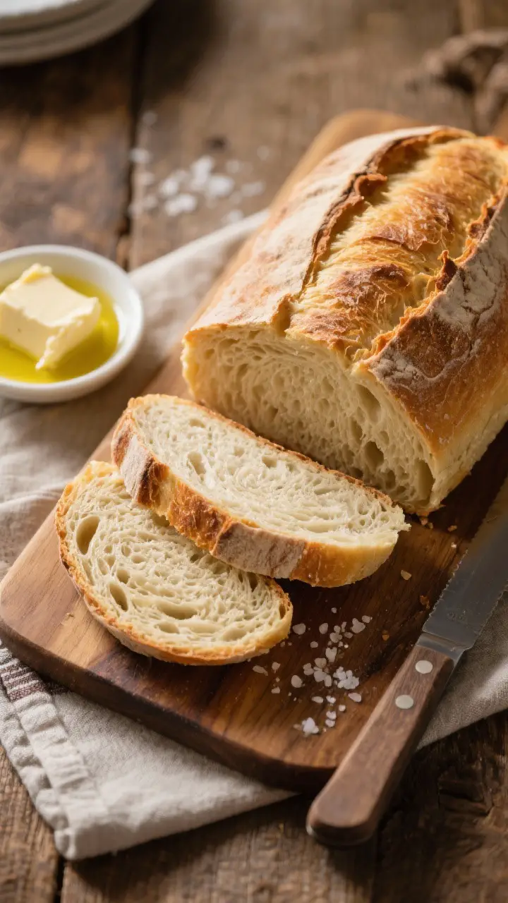 Final dish presentation: Beautifully sliced farm loaf on a wooden board—two thick slices fanned to