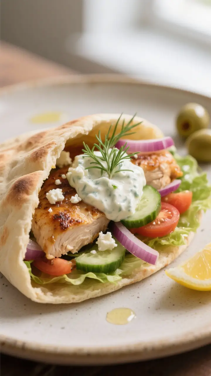 Final dish presentation: Beautifully stuffed Greek Chicken Pita Pocket on a neutral ceramic plate—