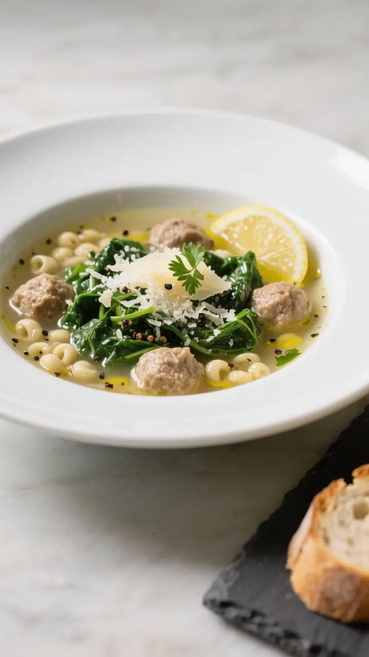 Final dish presentation – bowl: Beautifully plated Italian Wedding Soup in a wide white bowl: glos