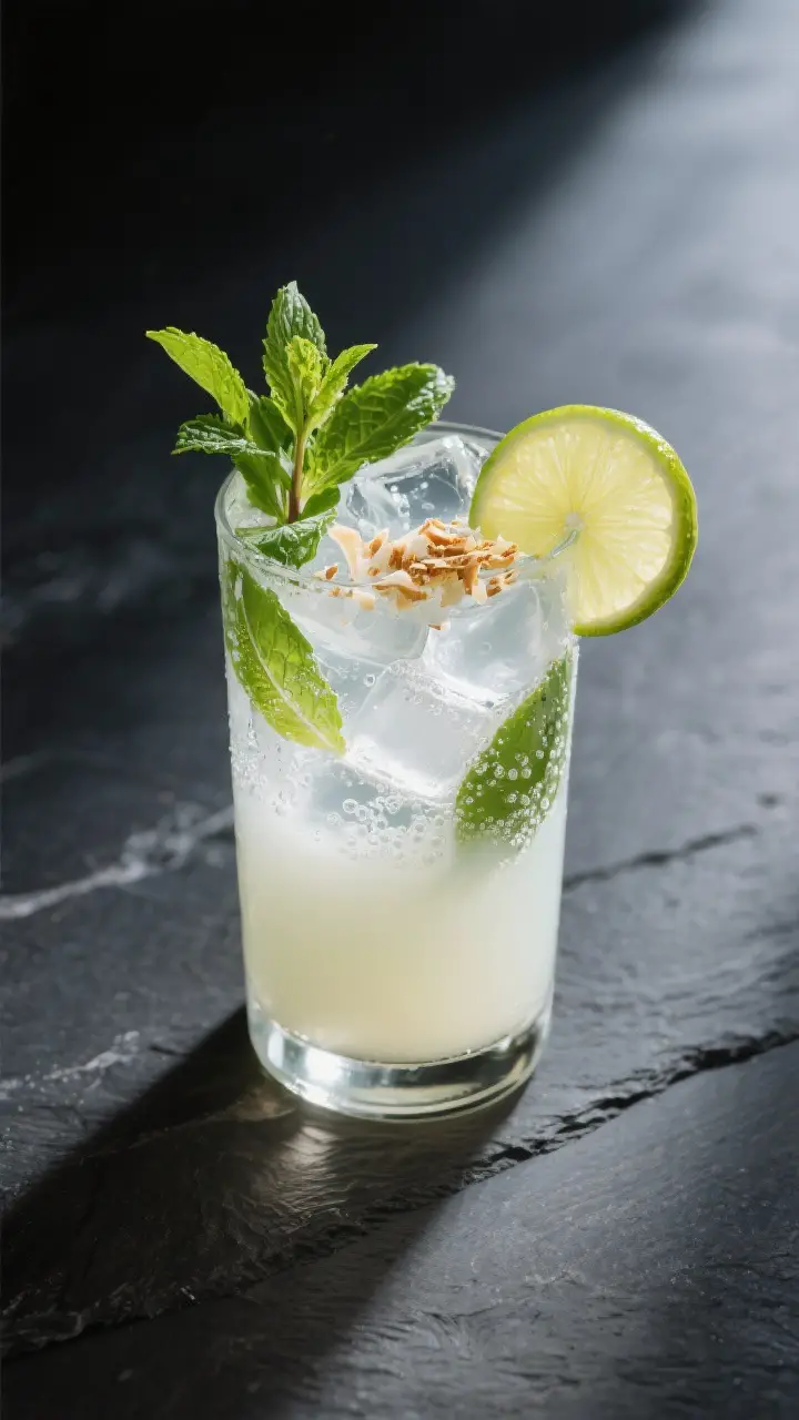 Final dish presentation: Coconut-lime mojito variation, creamy and tropical yet fizzy, in a tall cle
