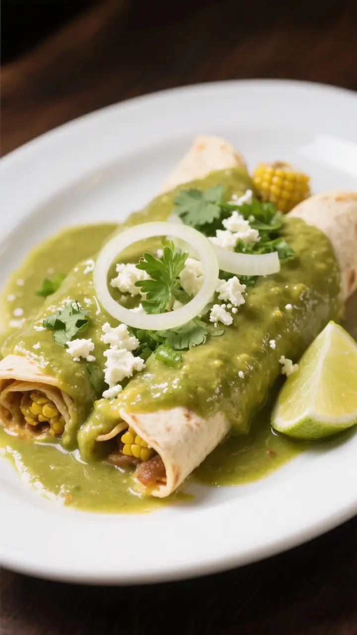 Final dish presentation: Enchiladas verdes plated restaurant-style—corn tortillas filled and rolle