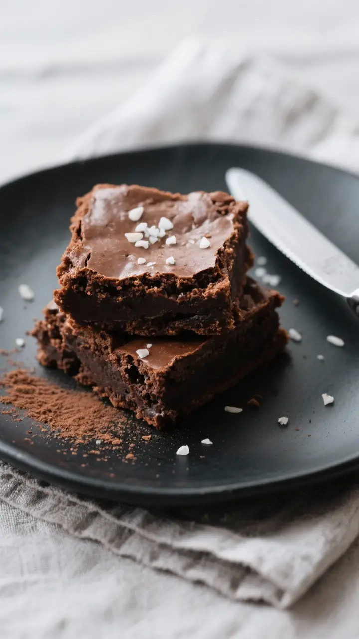 Final dish presentation: Neatly sliced sourdough discard brownies stacked on a small matte-black pla