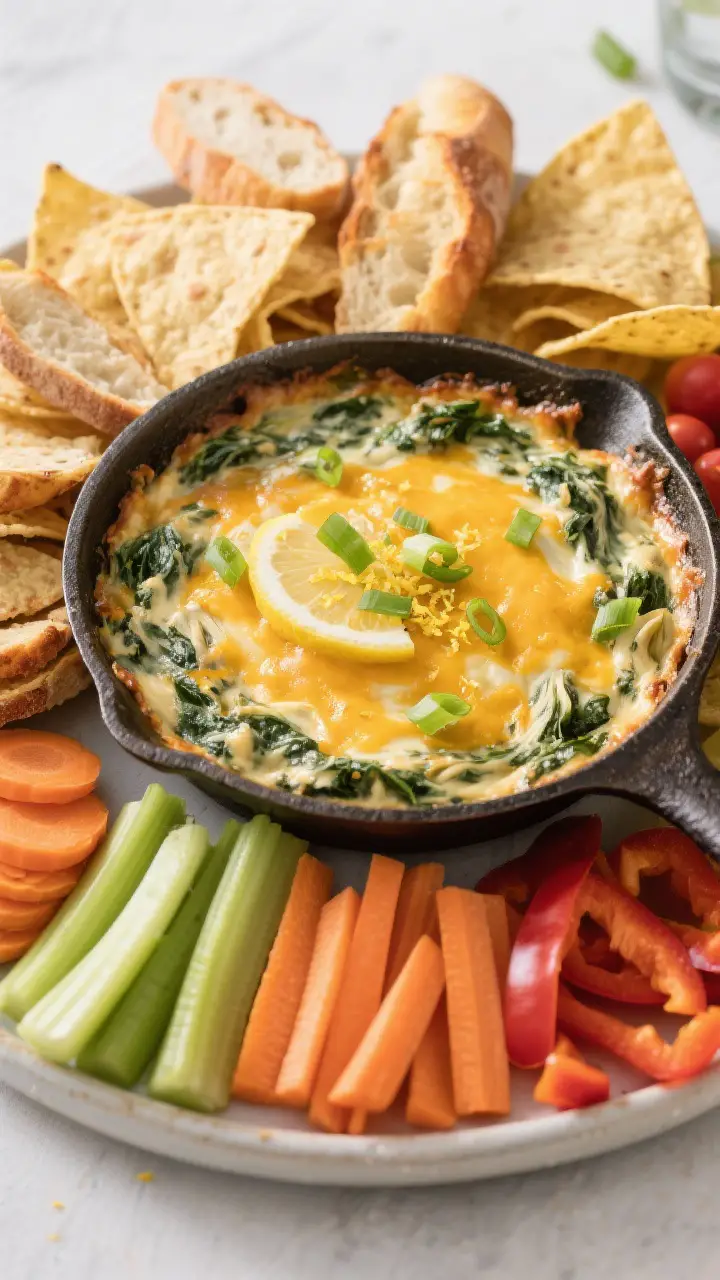 Final dish presentation: Overhead “party spread” of the finished spinach artichoke dip, center s