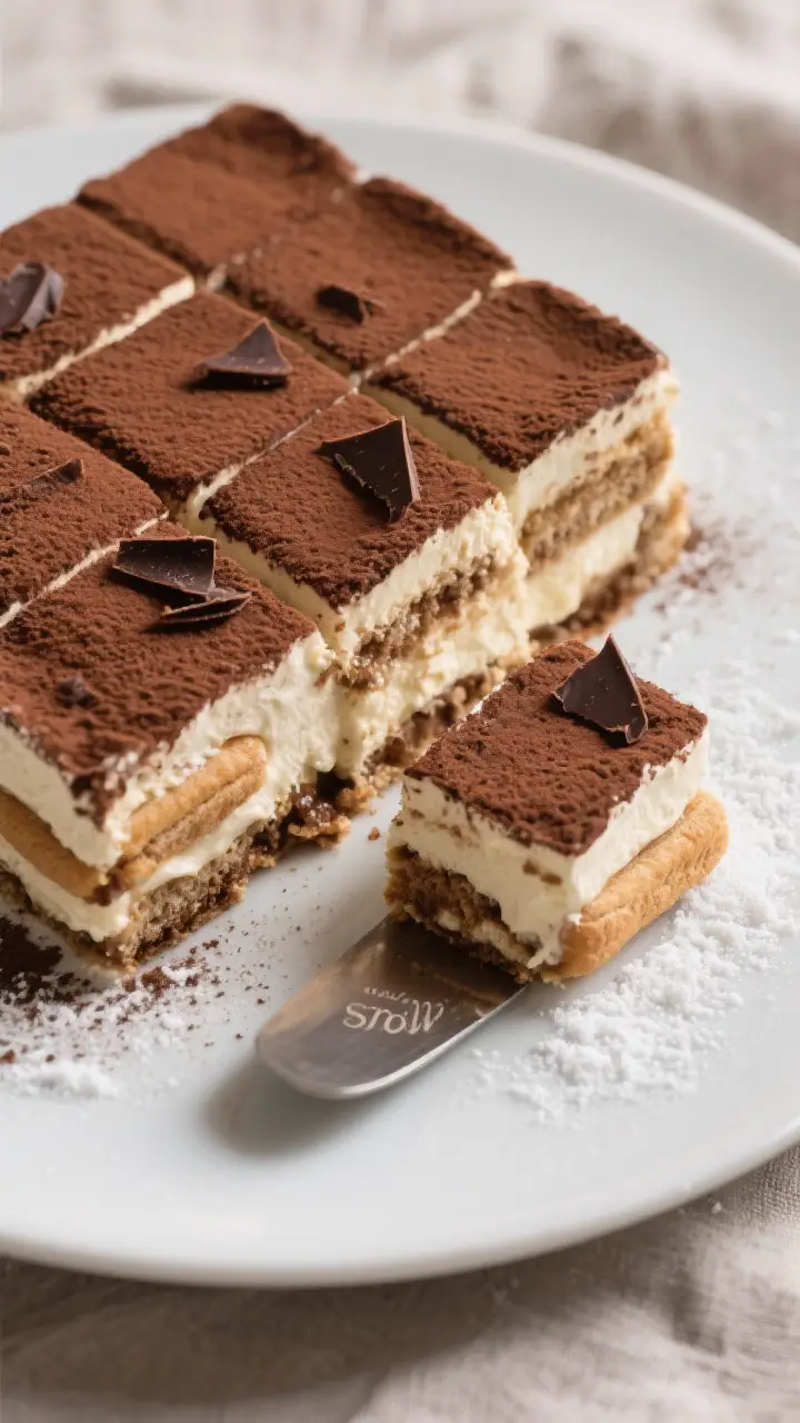 Final dish presentation: Overhead hero shot of the finished tiramisu set overnight, cut into neat sq