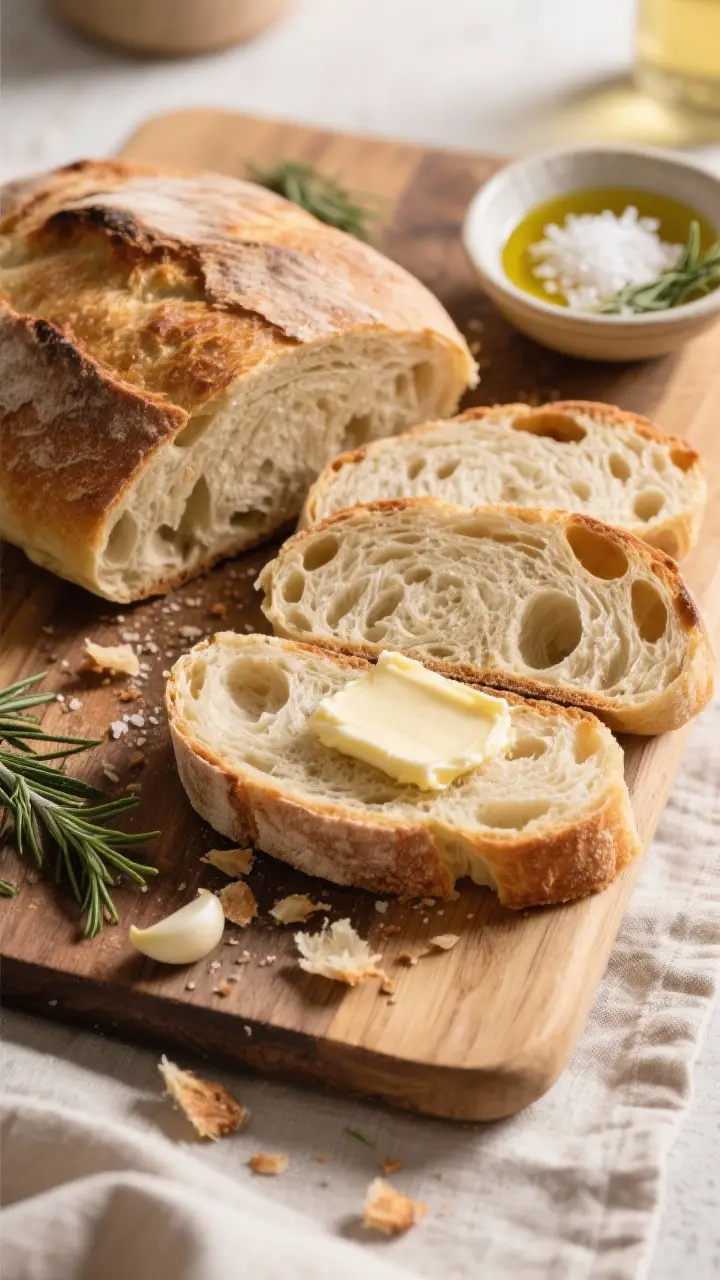 Final dish presentation: Overhead, of sliced pot bread on a wooden board—open crumb with glossy, i
