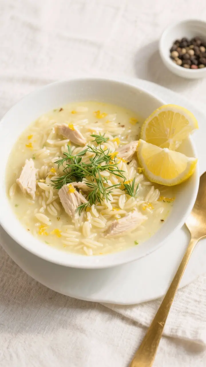 Final dish presentation, overhead: Restaurant-quality bowl of avgolemono with orzo, garnished with c