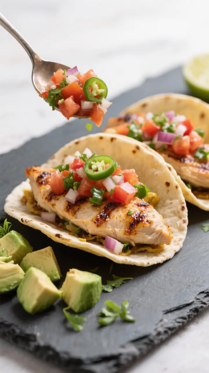 Final dish presentation: Pico de gallo spooned generously over grilled chicken tacos on a dark slate