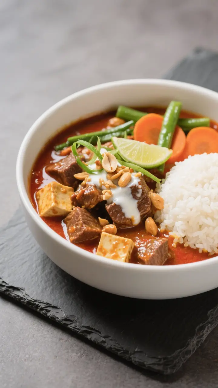 Final dish presentation: Restaurant-quality bowl of Panang curry with braised beef and tofu cubes in