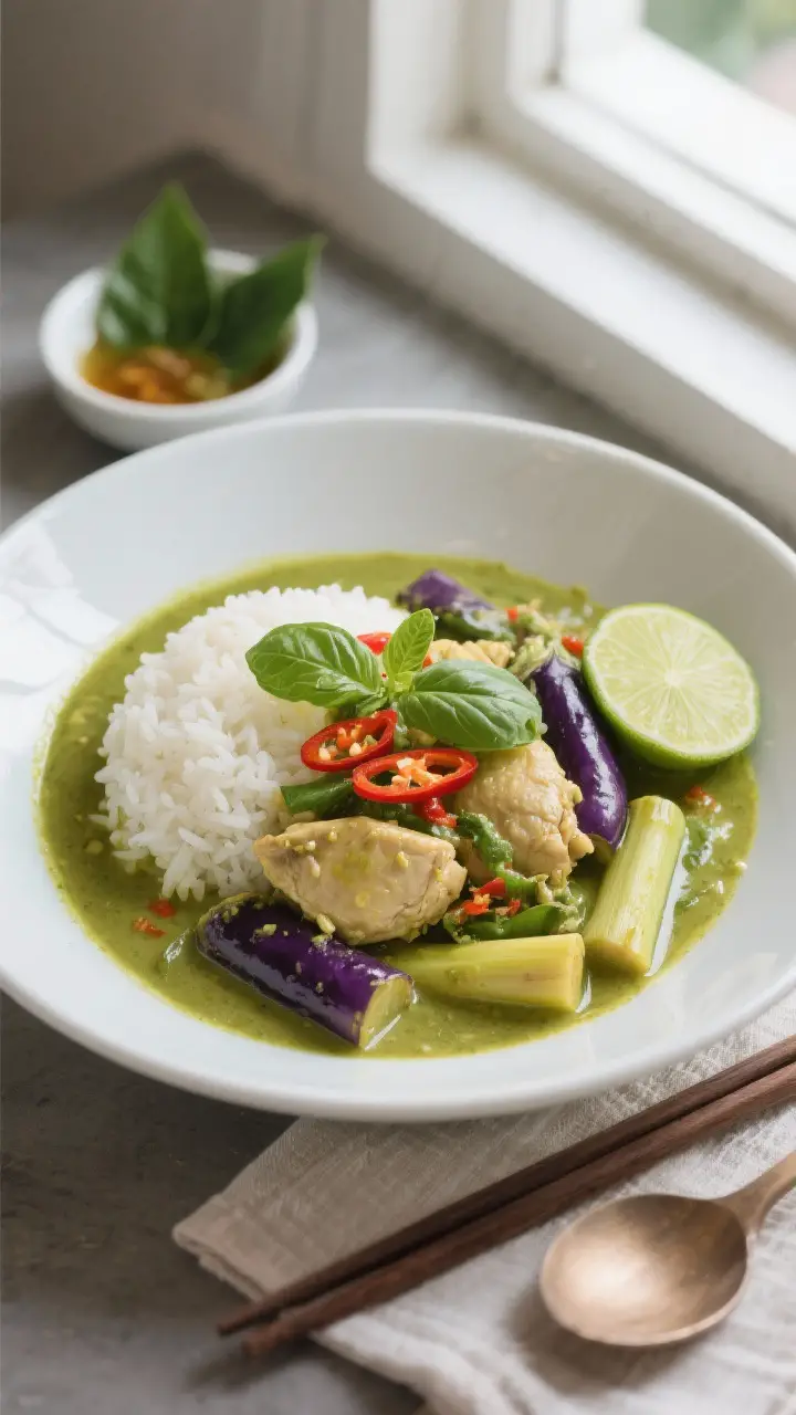 Final dish presentation: Restaurant-quality bowl of Gaeng Keow Wan ladled over fluffy jasmine rice o