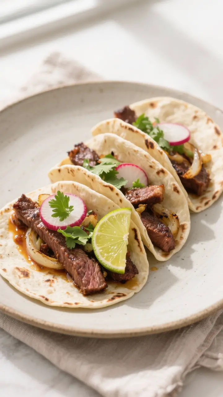 Final dish presentation: Restaurant-quality carne asada tacos, three on a neutral ceramic plate, eac