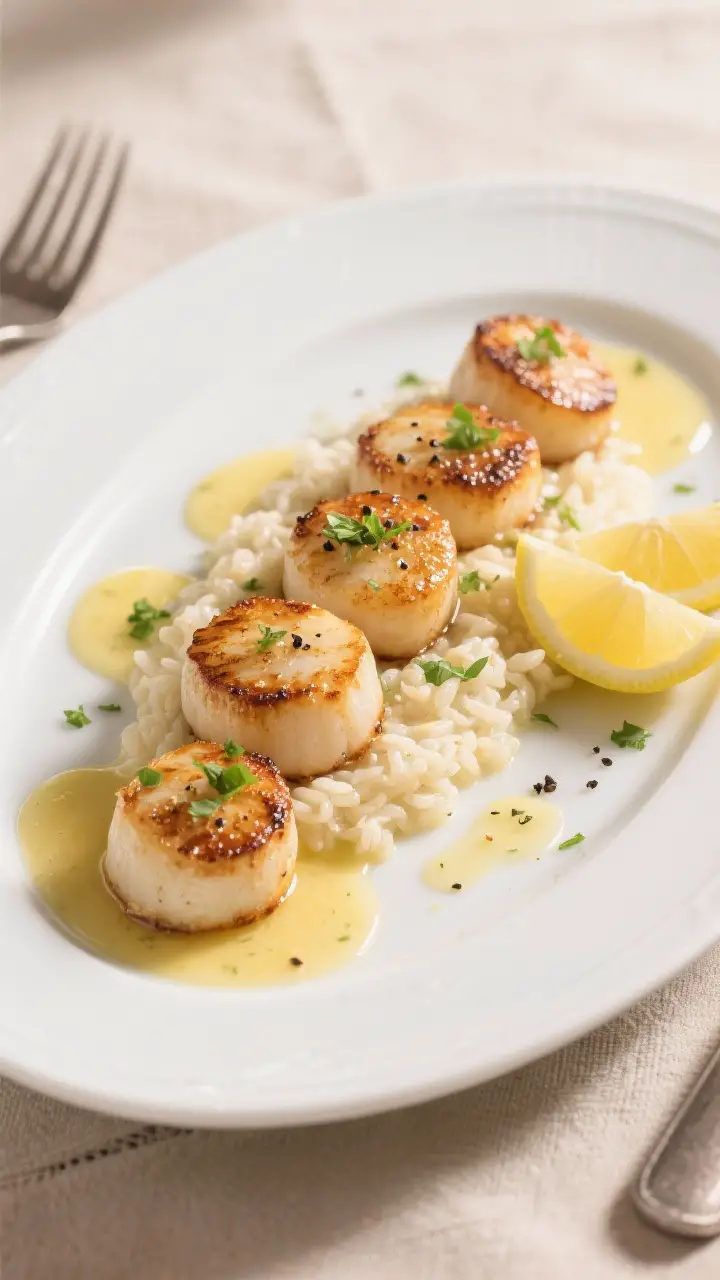 Final dish presentation: Restaurant-quality plate of seared scallops with lemon-butter sauce, arrang