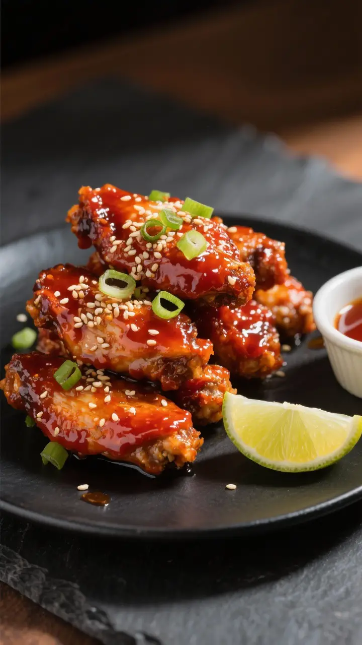 Final dish presentation: Restaurant-quality plate of Gochujang Spicy Wings stacked neatly on a matte