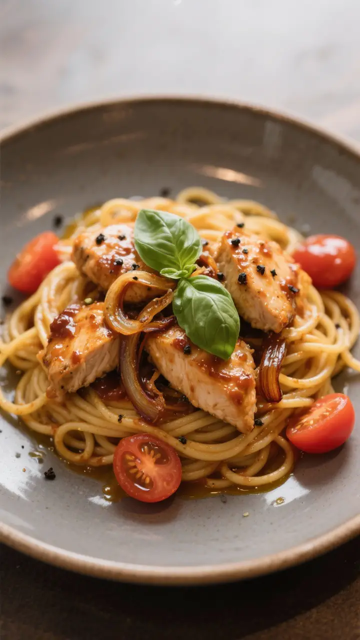 Final dish presentation: Restaurant-quality plate of the Italian Chicken Skillet served over al dent