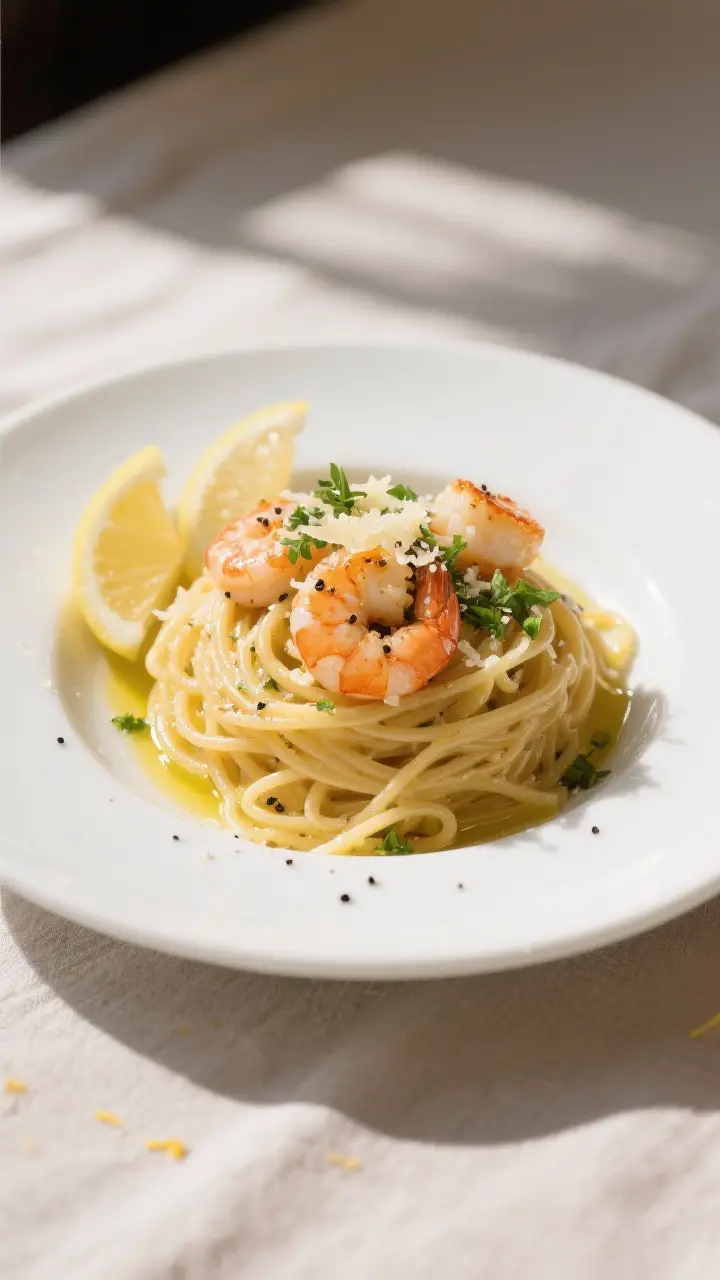 Final dish presentation: Restaurant-quality plate of Garlic Butter Shrimp Pasta twirled into a neat