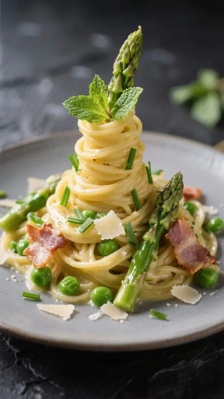 Final dish presentation: Restaurant-quality plate of Spring Vegetable Carbonara with a single, tall 