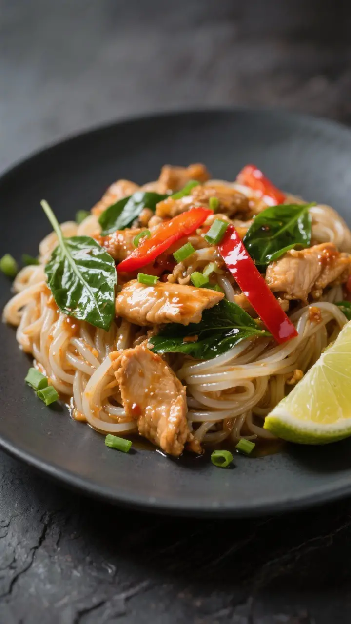 Final dish presentation: Restaurant-quality plate of noodle version—Thai basil chicken tossed with