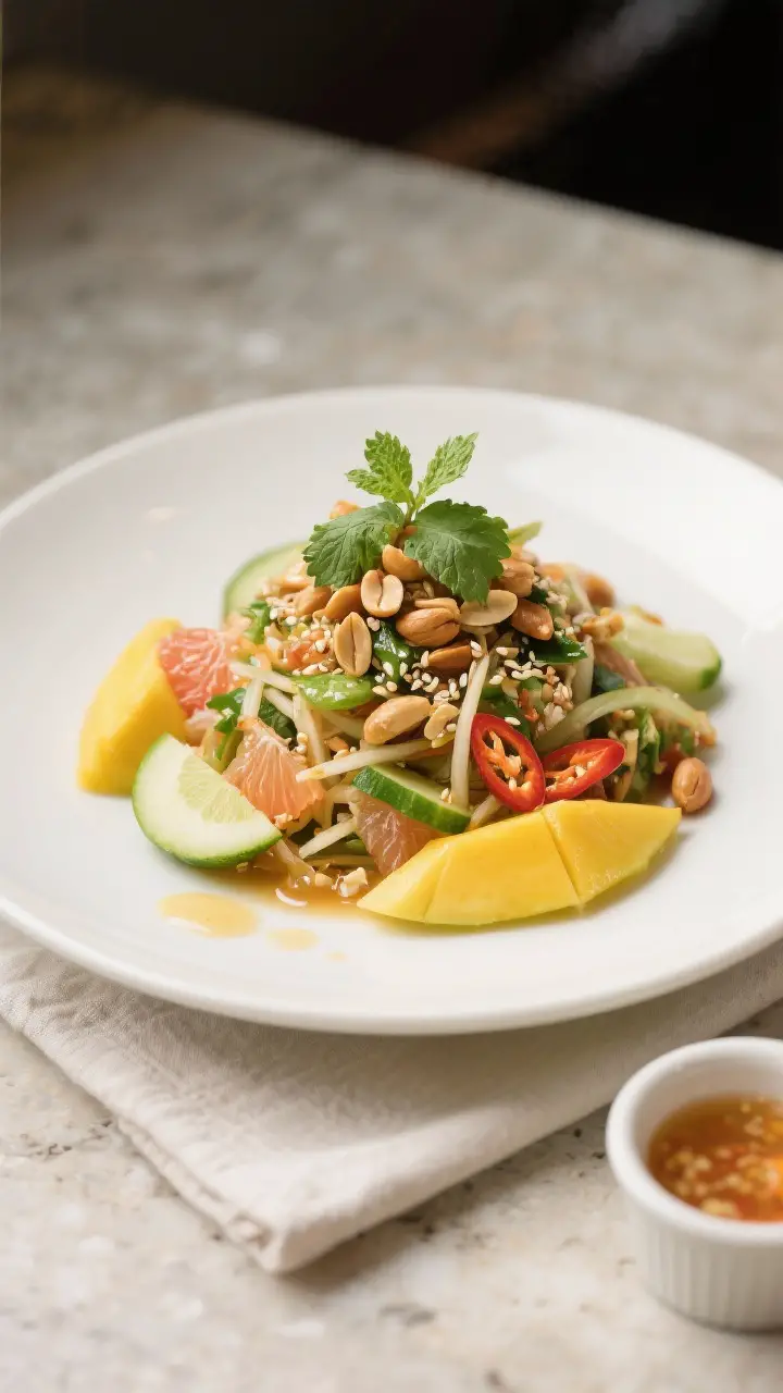 Final dish presentation: Restaurant-quality plated Yum Polamai on a wide matte-white shallow bowl, n