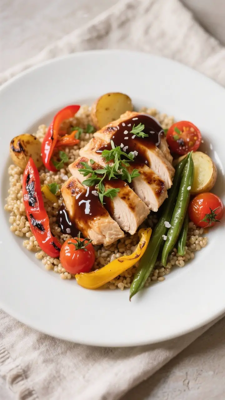 Final dish presentation: Restaurant-quality plated balsamic chicken with vegetables—sliced chicken