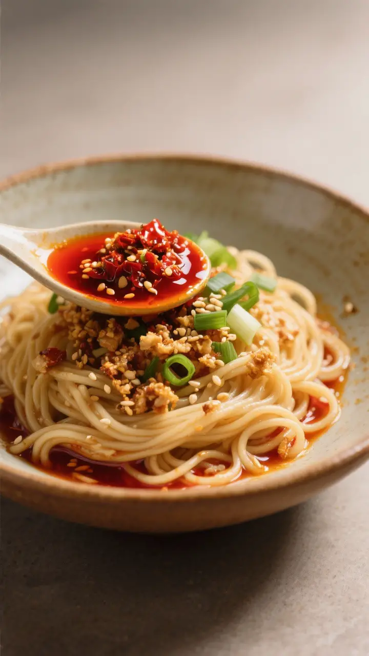 Final dish presentation: Restaurant-quality plated noodles topped with a generous spoonful of chili