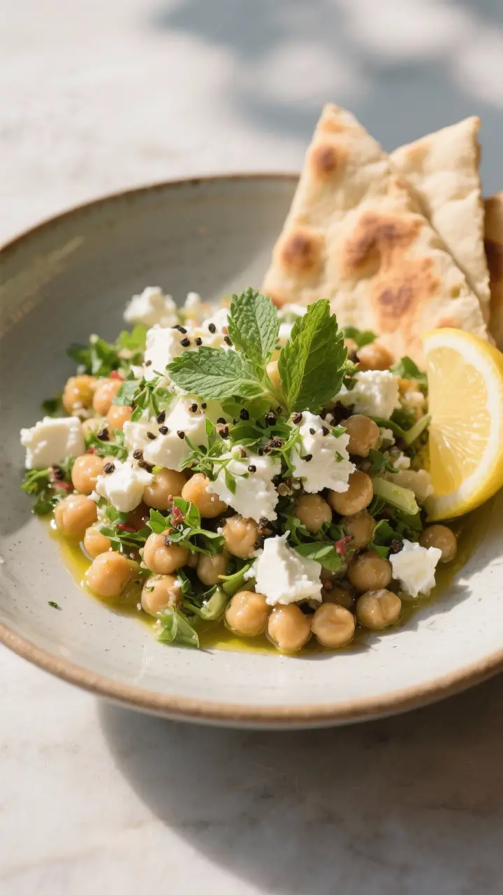 Final dish presentation: Restaurant-quality plated Mediterranean Chickpea Salad served in a low, sha
