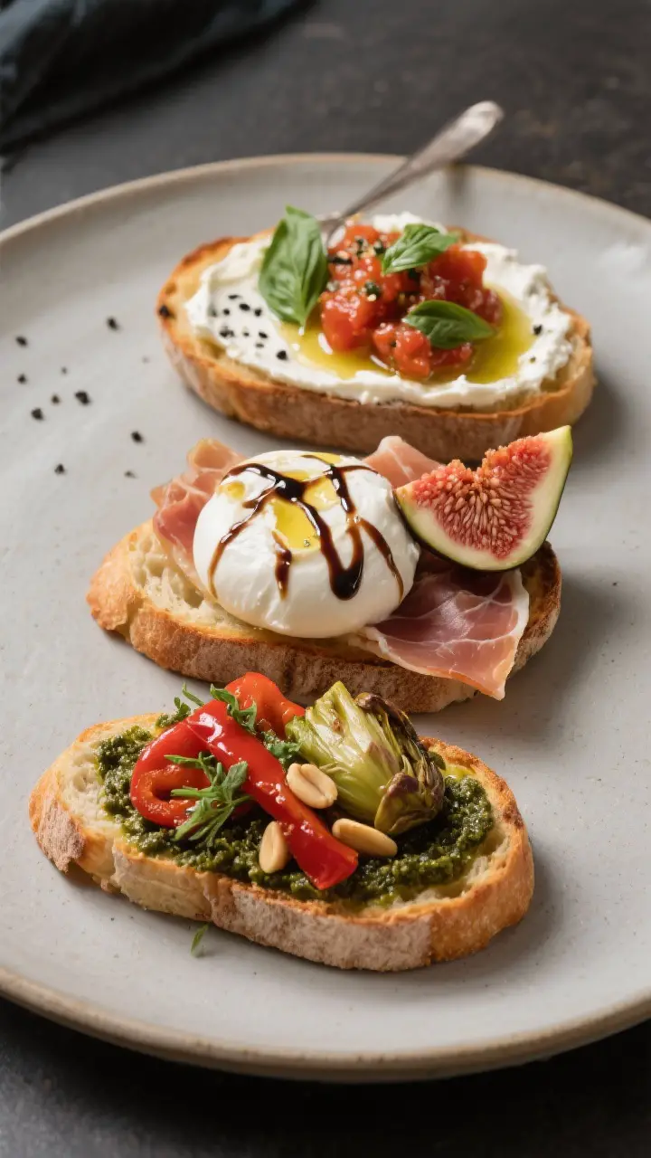 Final dish presentation: Restaurant-quality plated trio of finished bruschette on a matte ceramic pl