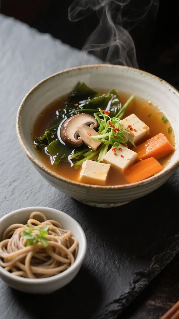 Final dish presentation: Restaurant-quality plated miso soup with vegetables served alongside a smal