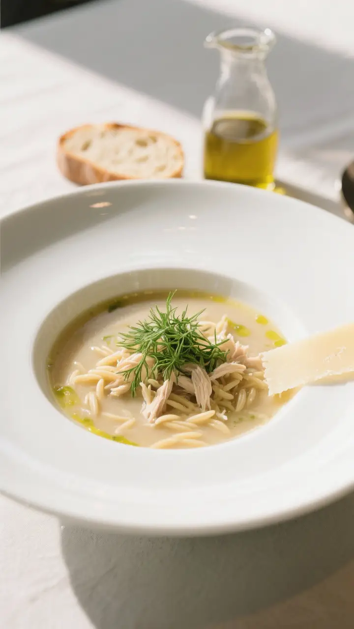 Final dish presentation: Restaurant-quality plated soup in a wide, shallow white bowl, centered comp