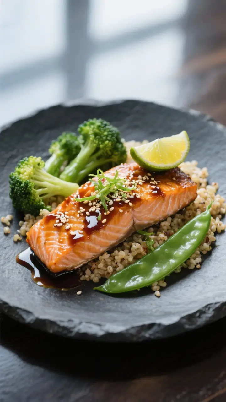 Final dish presentation: Restaurant-quality plated teriyaki salmon served over quinoa with a citrus