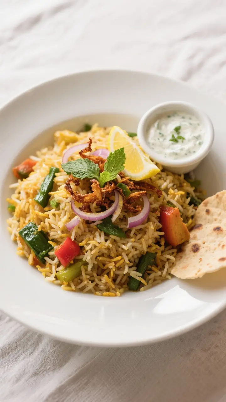 Final dish presentation: Restaurant-quality plated Vegetable Biryani (Hyderabadi style) served in a 