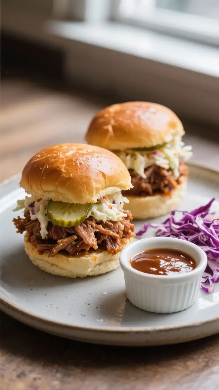 Final dish presentation: Restaurant-quality plated pulled pork sliders on a matte ceramic platter, t