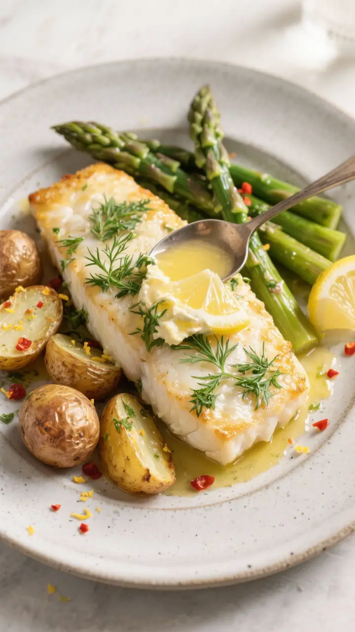 Final dish presentation: Restaurant-quality plated baked cod with herb butter on a matte stoneware p