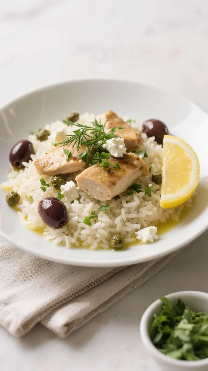 Final dish presentation: Restaurant-quality plating of Mediterranean Chicken and Rice in a shallow w