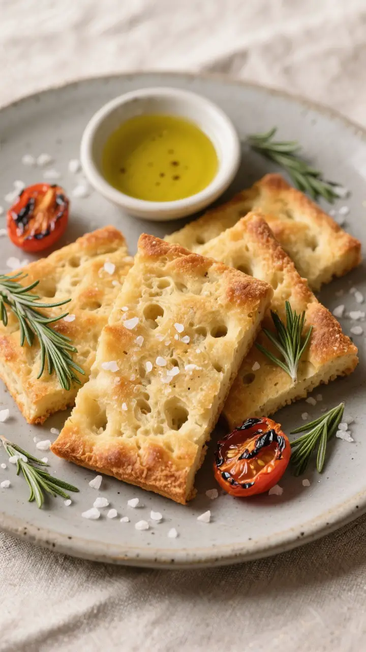 Final dish presentation: Restaurant-quality plating of thick-cut focaccia squares on a matte stonewa