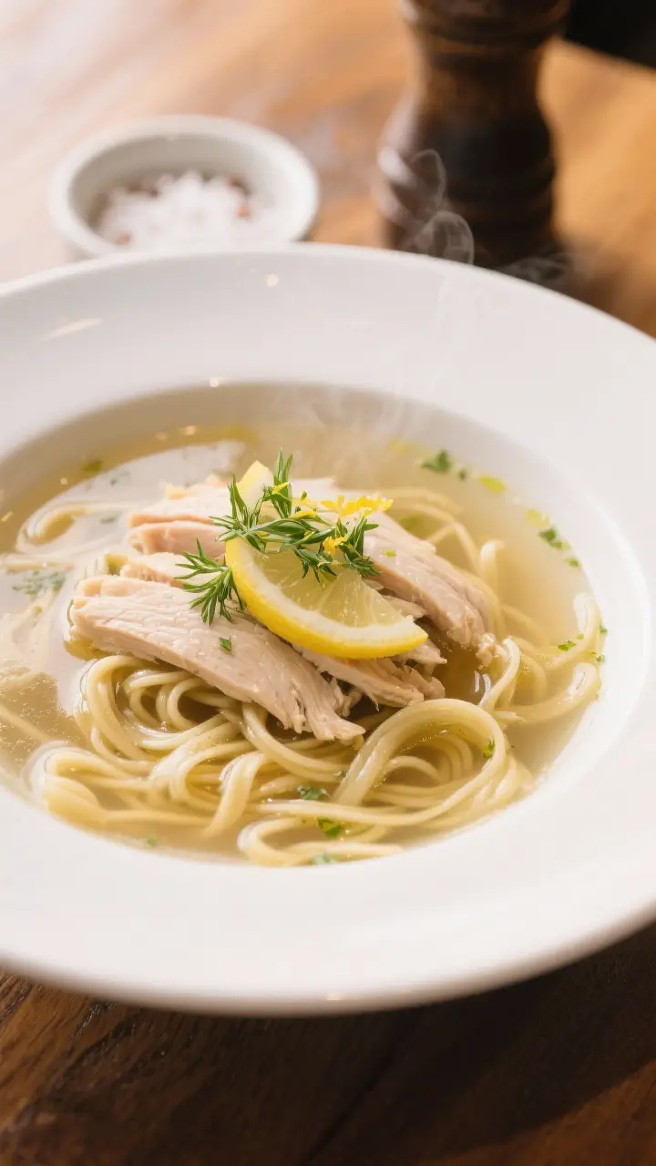 Final dish presentation: Restaurant-quality plating of chicken noodle soup in a wide white rimmed bo