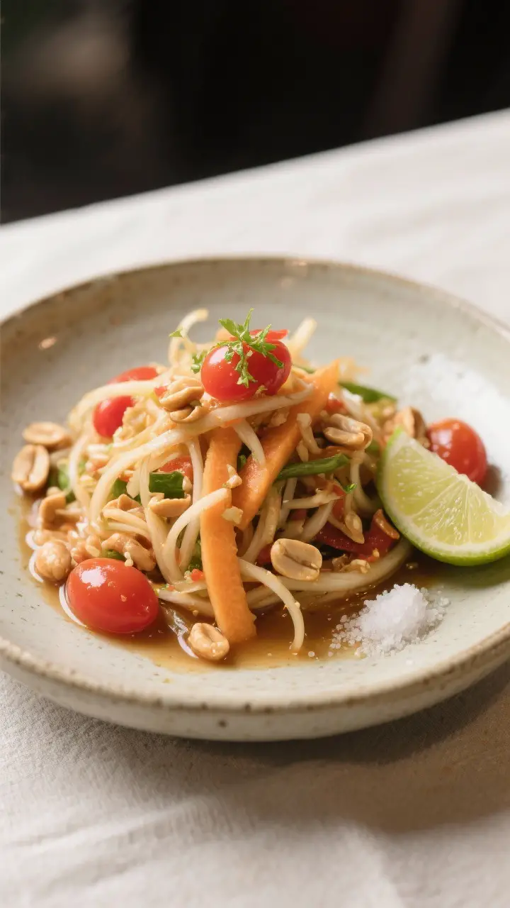 Final dish presentation: Restaurant-quality plating of Som Tum Thai in a shallow stoneware bowl, str