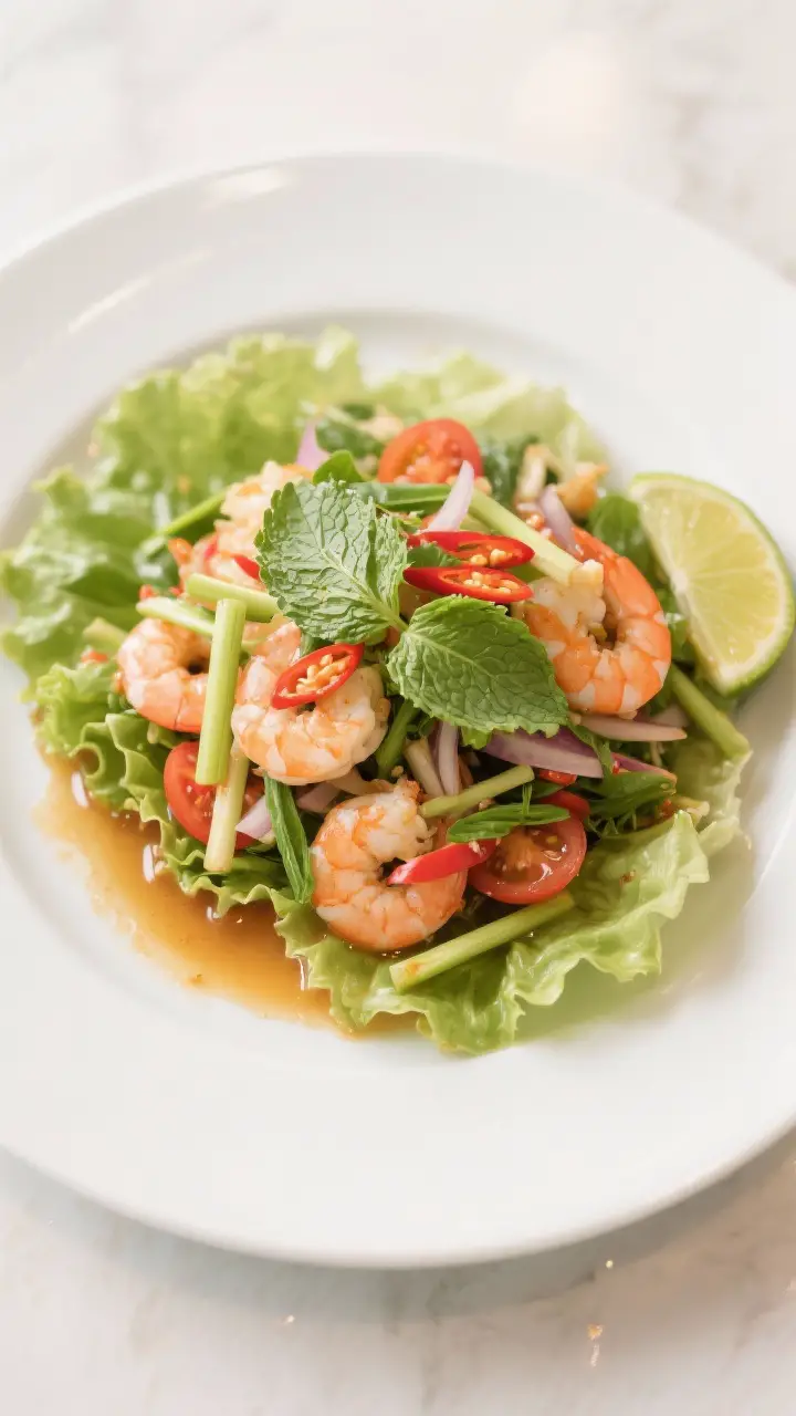 Final dish presentation: Restaurant-quality plating of Pla Goong on a cool white plate lined with cr