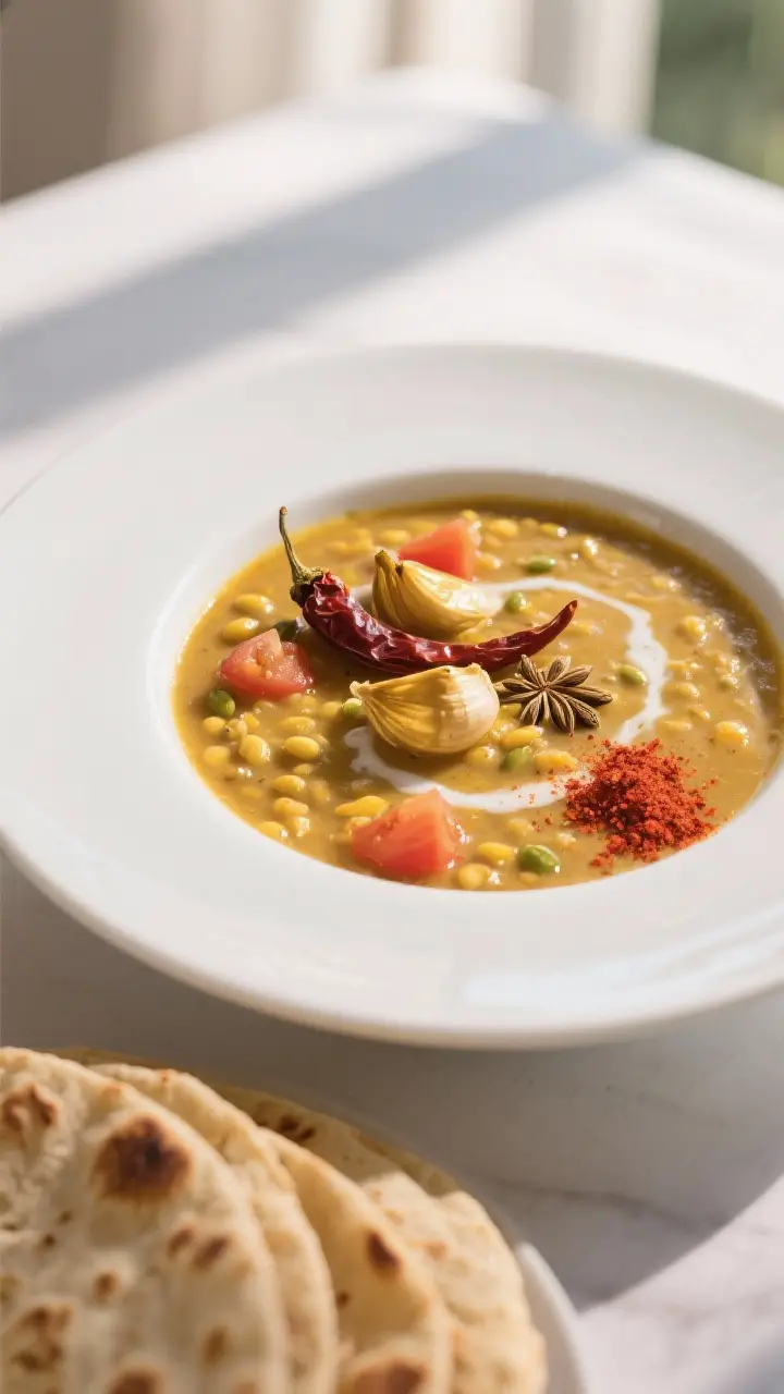 Final dish presentation: Restaurant-quality plating of moong-and-toor tadka dal whisked to a creamy