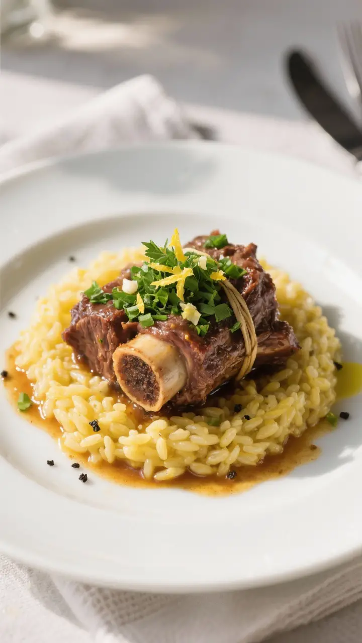 Final dish presentation: Restaurant-quality plating of Osso Buco alla Milanese over creamy saffron r