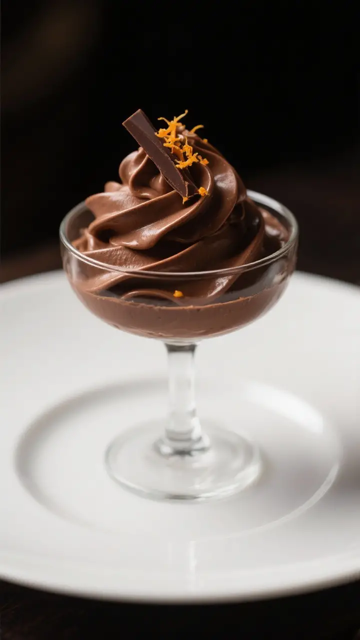 Final dish presentation: Restaurant-quality plating of French chocolate mousse served in a clear ste