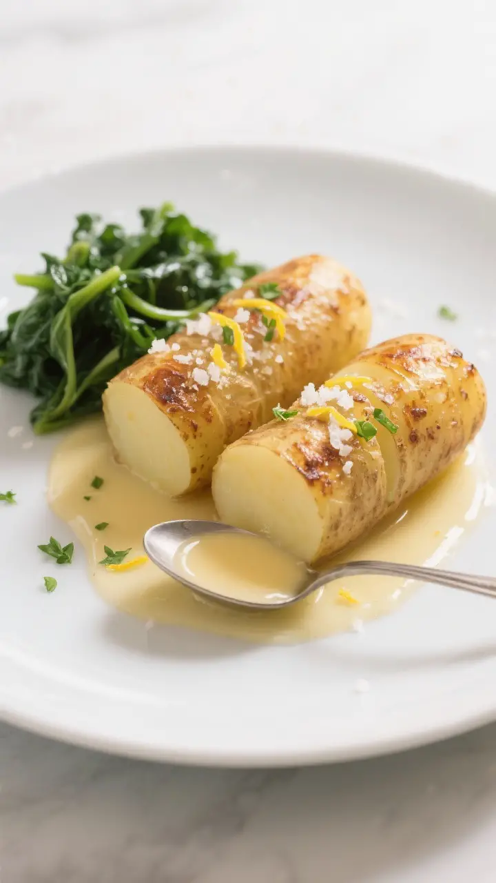 Final dish presentation: Restaurant-quality plating of two fondant potato cylinders on a matte white