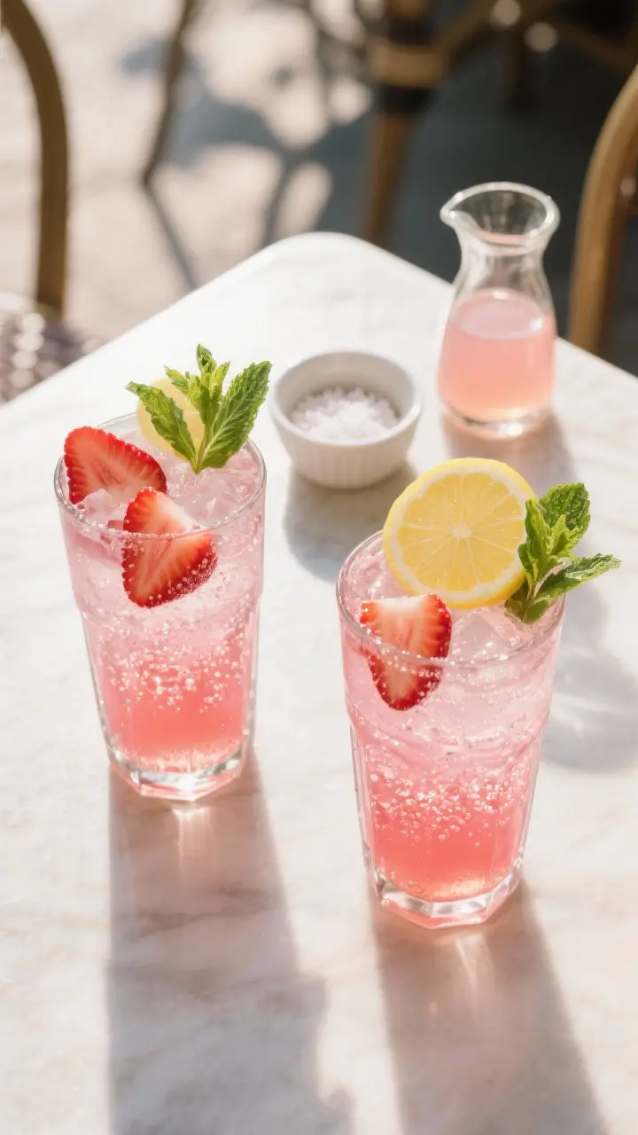 Final dish presentation: Restaurant-quality serving of sparkling strawberry lemonade on a sunlit tab