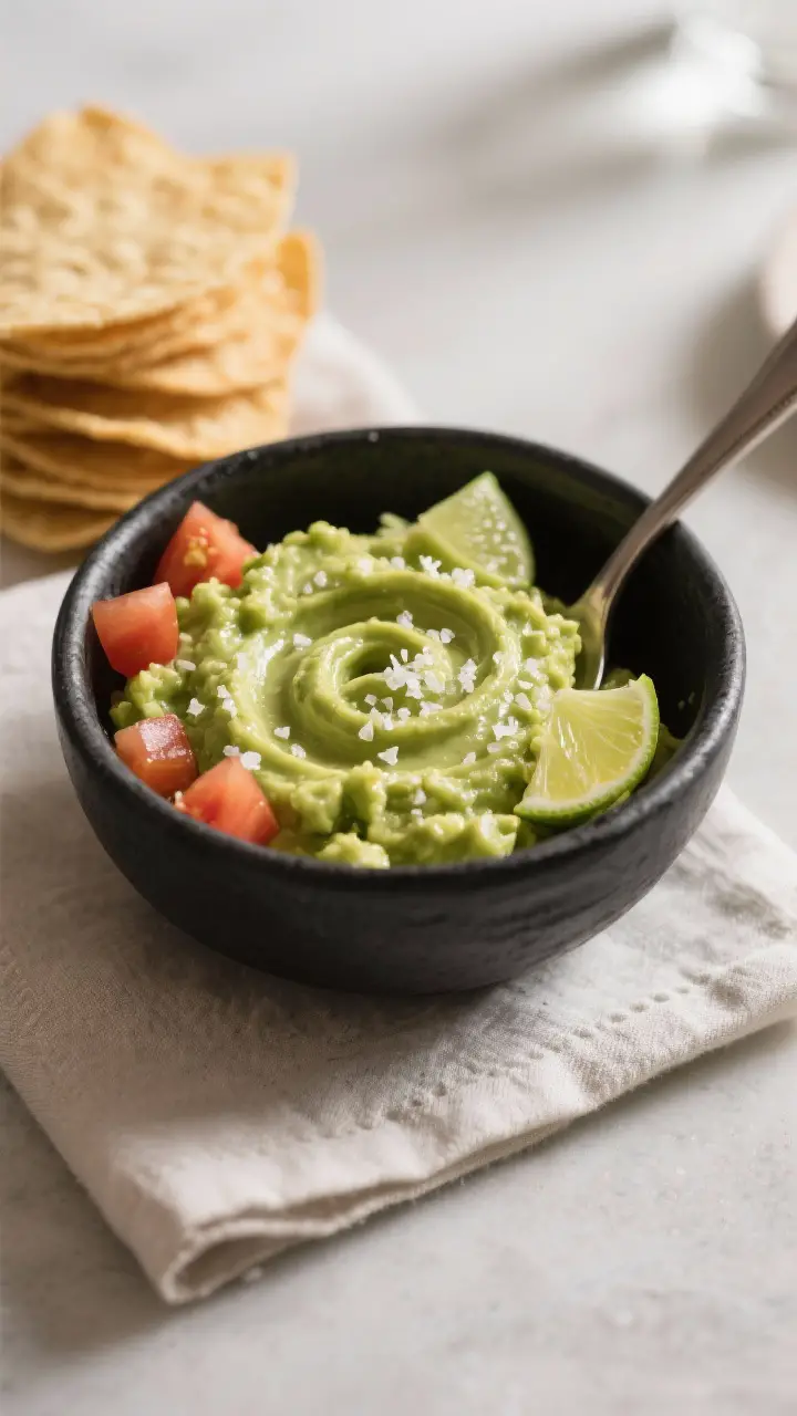 Final dish presentation: Restaurant-quality serving of creamy–chunky guacamole spooned into a low,