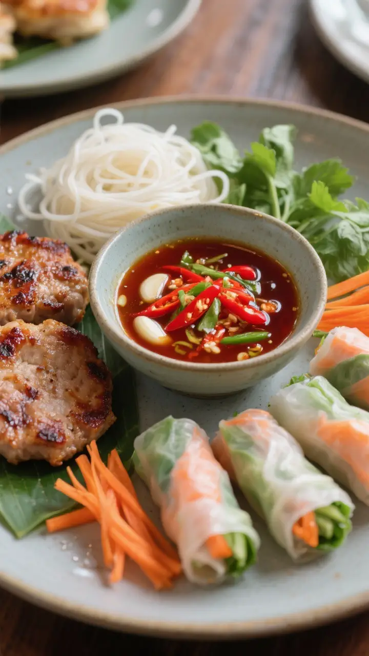 Final dish presentation: Restaurant-quality serving scene for bun cha and spring rolls with nuoc cha