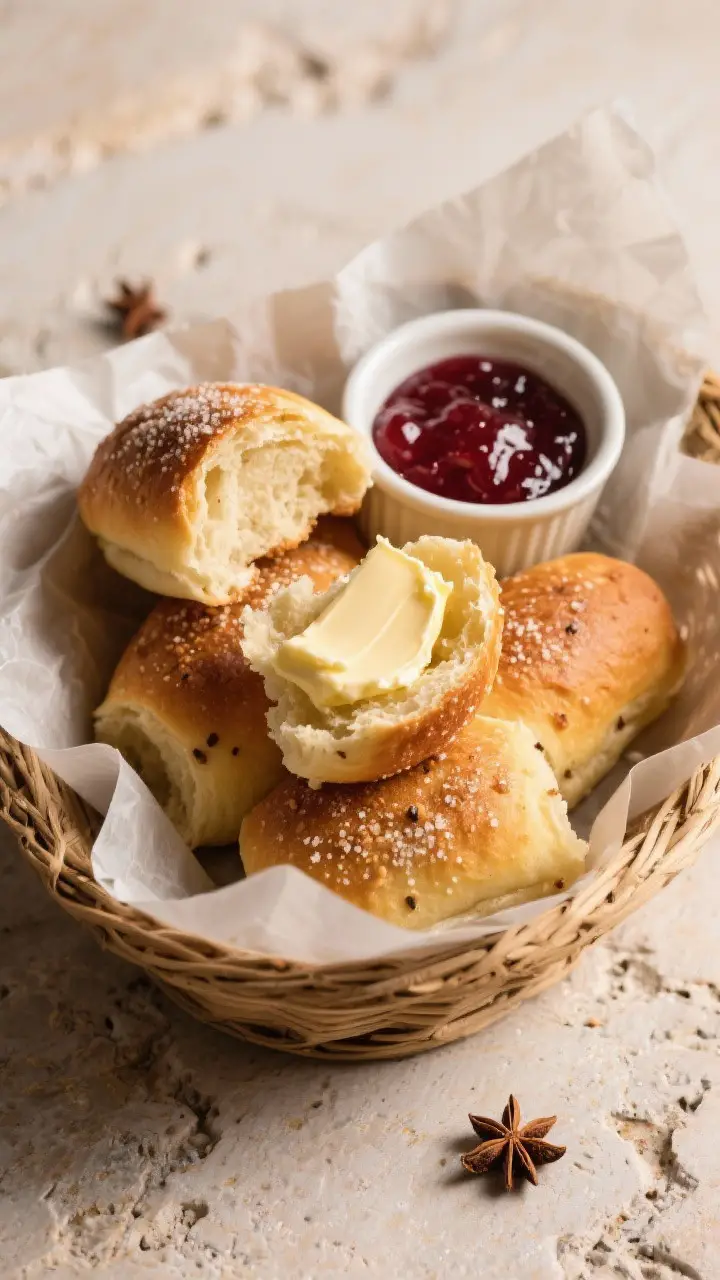 Final dish presentation: Restaurant-quality serving scene—Mosbolletjies arranged in a rustic baske