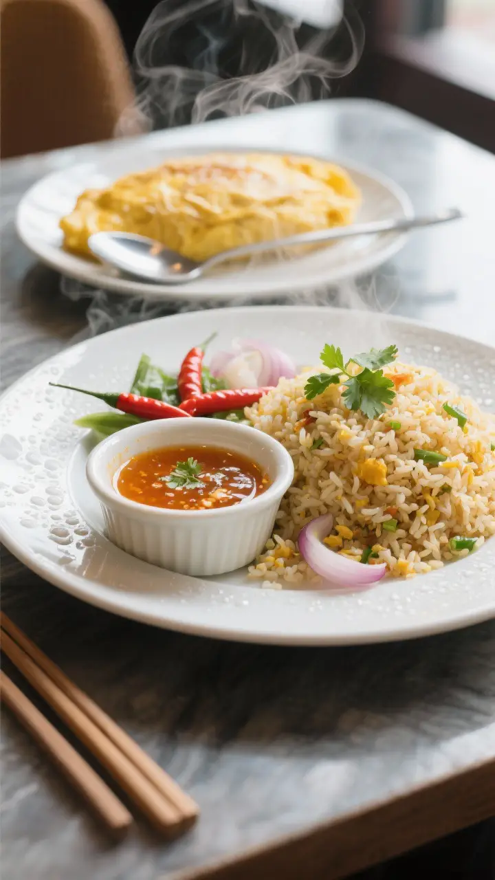 Final dish presentation: Restaurant-quality tablescape showing a steaming plate of Thai fried rice a