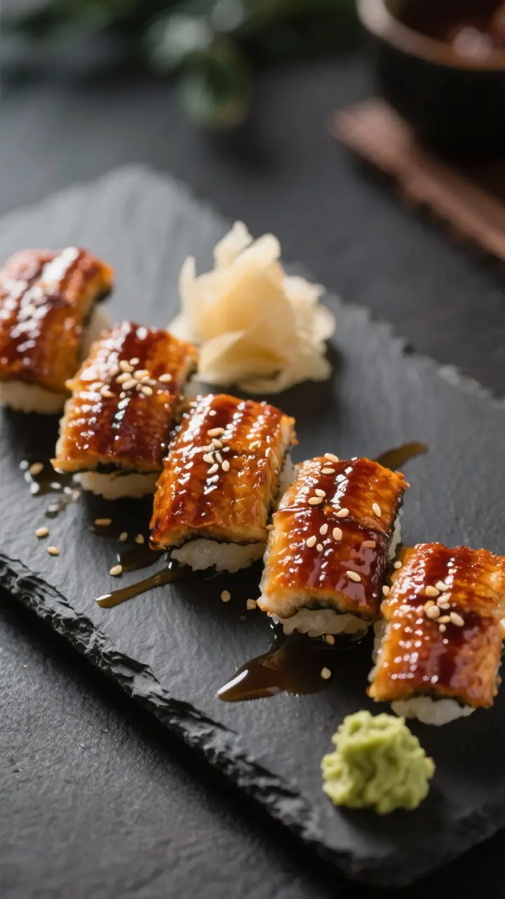 Final dish presentation: Restaurant-quality unagi nigiri set on a dark slate plate, each piece brush