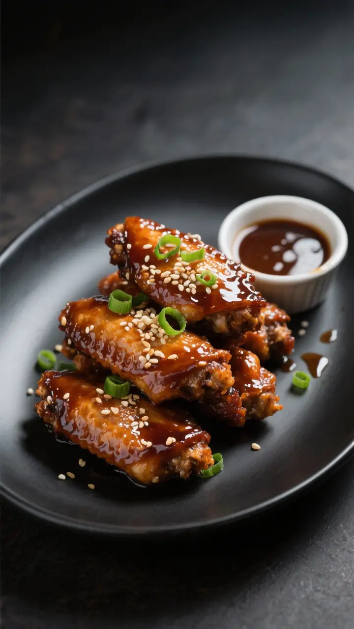 Final dish presentation: Restaurant-style plate of soy garlic glazed wings stacked high on a matte b