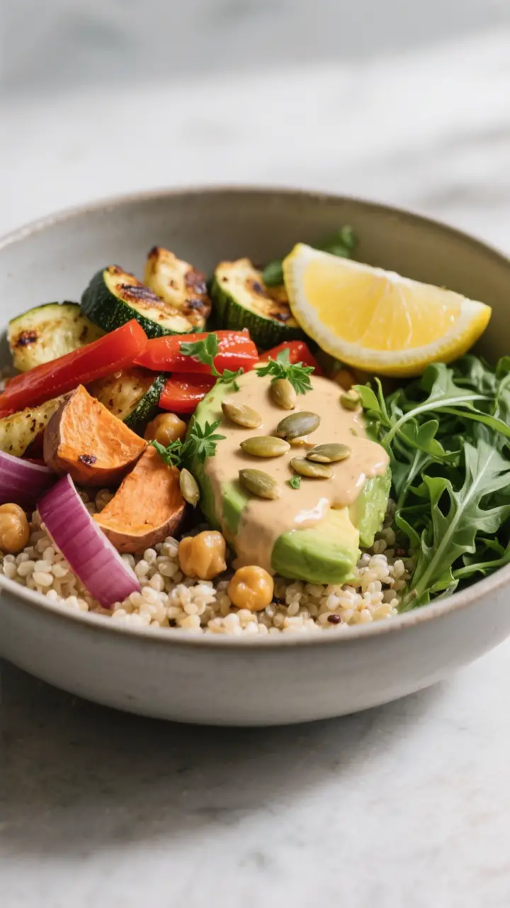 Final dish presentation: Roasted Vegetable Buddha Bowl beautifully plated in a wide matte ceramic bo