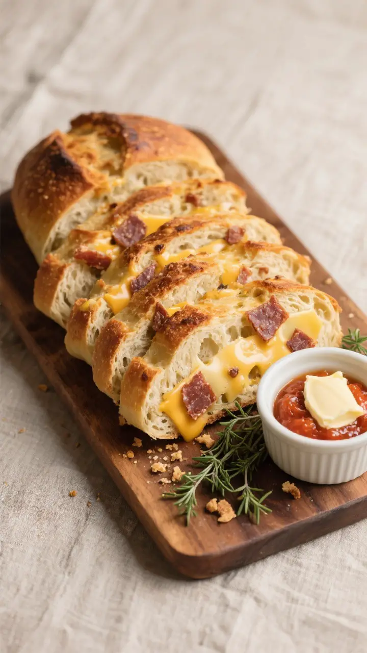 Final dish presentation: Sliced Cheese and Biltong Pot Bread on a wooden board, several thick, steam